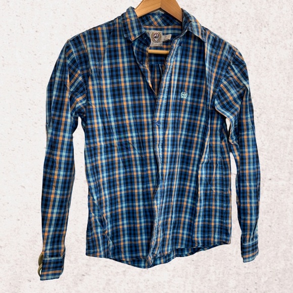 Cinch Blue and Orange Button Down Shirt Lightweight Plaid - Picture 1 of 3